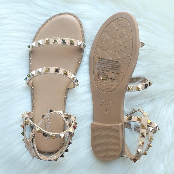 𝔹𝕆𝔾𝕆 Taupe Studded Strappy Vegan Leather Sandals - Picture 3 of 5
